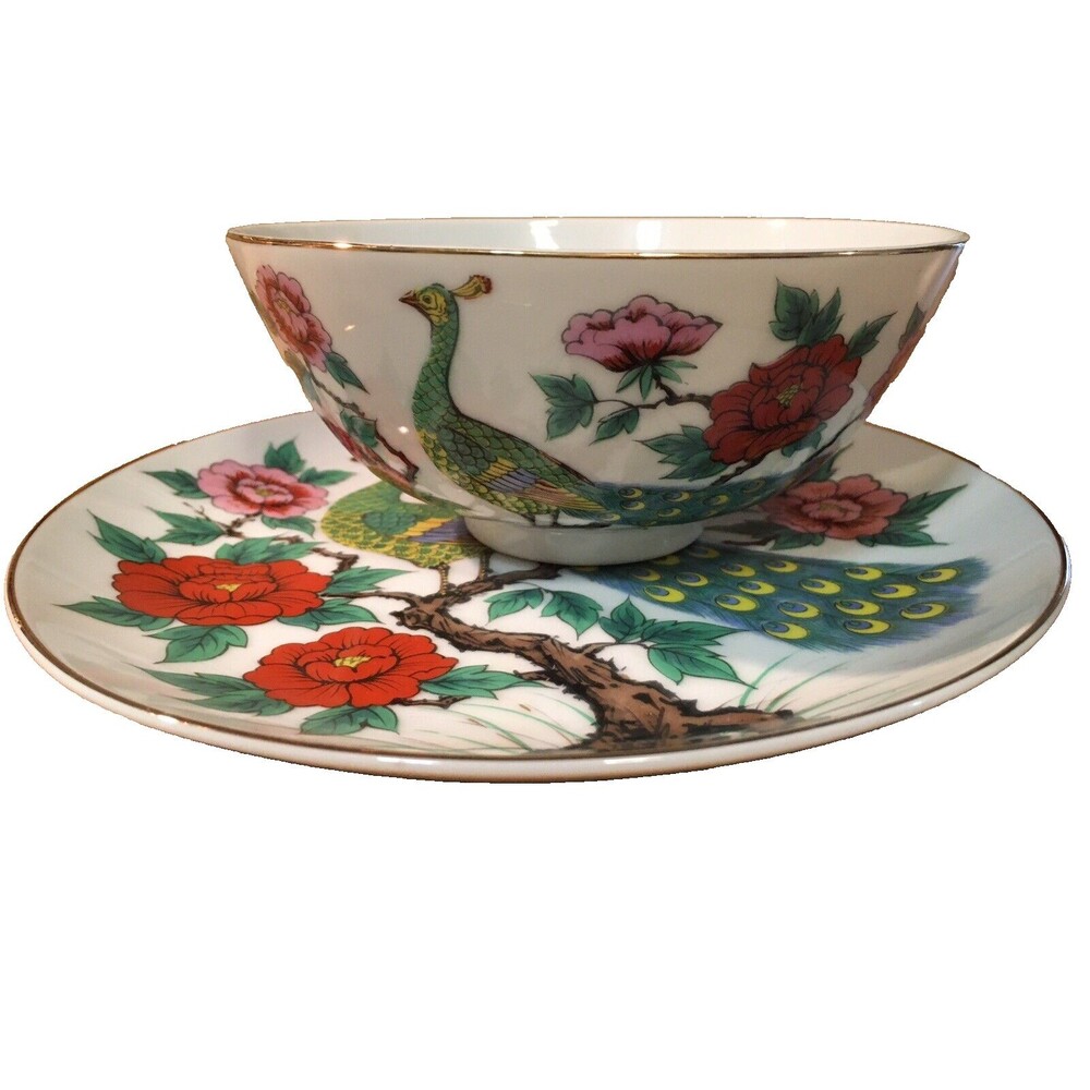 Vintage A Price Import Japan Porcelain Bowl and Plate Asian Peacock Theme